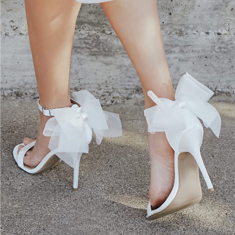 Ayanna Ivory Satin Bow Ankle Strap High Heel Sandals NEW